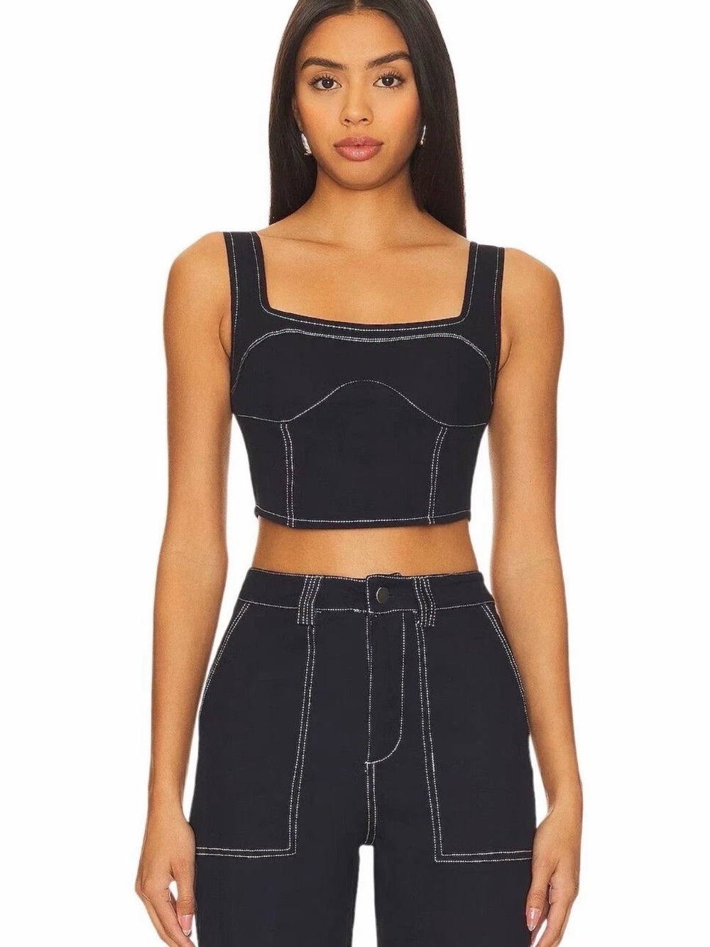 REVOLVE Denim Crop Tank with White Contrast Stitching